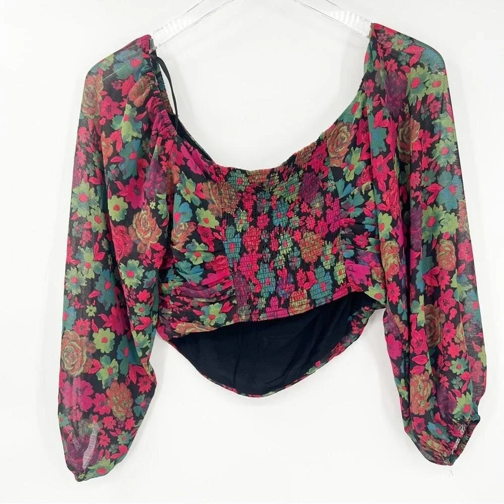Free People On Lala Floral Long Sleeve Crop Top Women's Size S Festival Boho